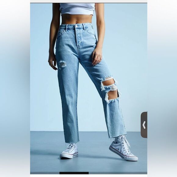 PacSun Eco Light Blue Ripped High Waisted Straight Leg Jeans - Picture 1 of 14